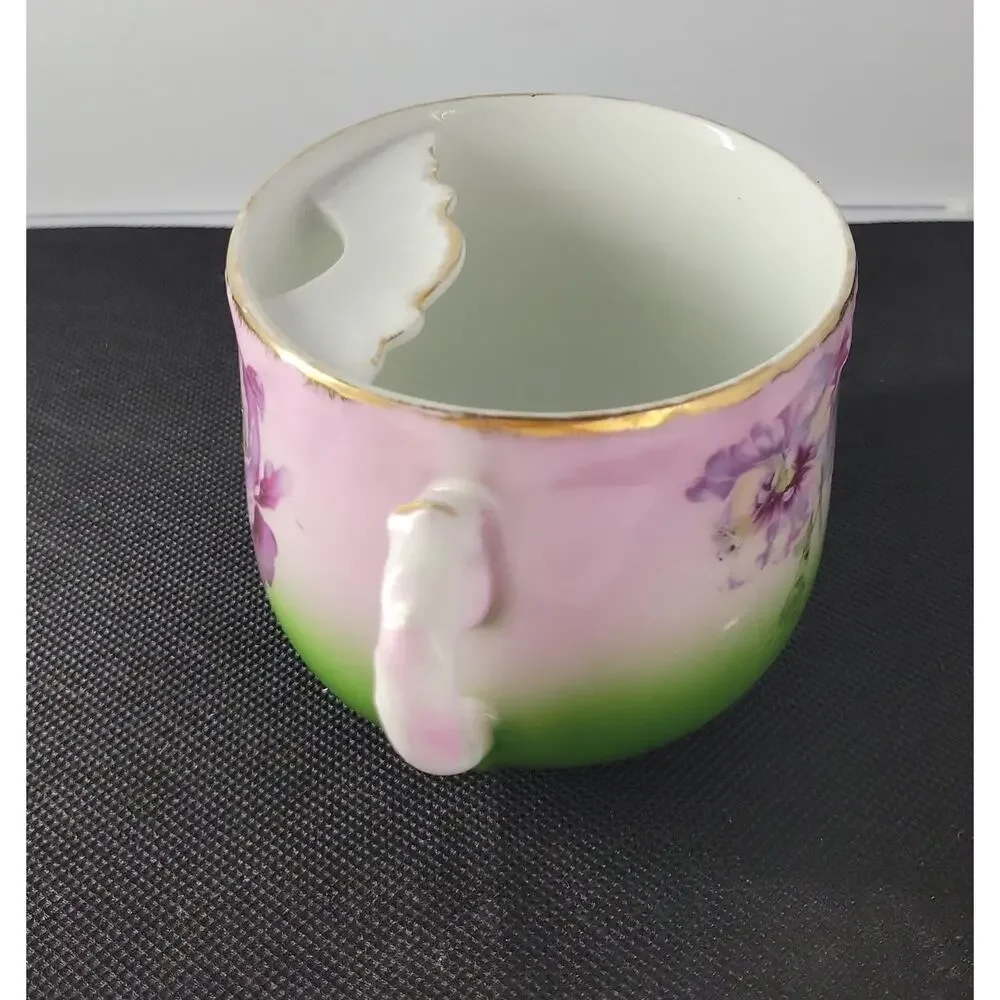 Antique Bavaria Hand Painted Mustache Cup Floral Porcelain Shaving Mug Gold Trim